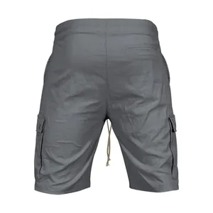 Detailed back view of grey men's cargo shorts with drawstring and side pockets