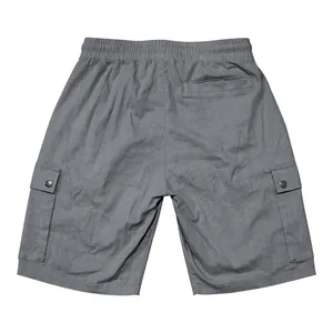 Rear view of grey men's lightweight summer cargo shorts with functional pockets