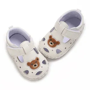 Sandalias de Verano para Bebés Niñas Suela Blanda Bordado de Oso Zapatos para Primeros Pasos Transpirables de Cuero PU Calados Princesa