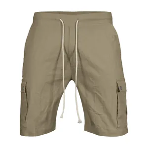 Front view of khaki men's casual cargo shorts featuring elastic drawstring waist and side pockets