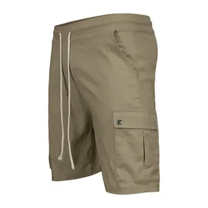 Side detail of men's khaki drawstring cargo shorts with functional pockets and snaps