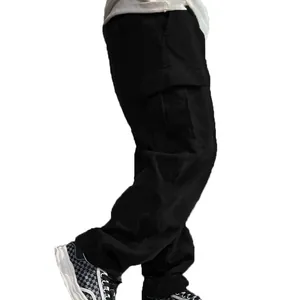Detailed view of black corduroy cargo pants showing side pocket and vintage loose fit texture