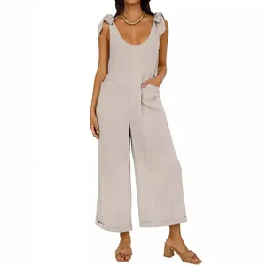 Women's Summer Polyester Wide Leg Jumpsuit Casual Solid Color U-Neck Tie Shoulder Bow Jumpsuit With Pockets Fashion Streetwear