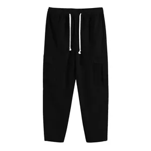 Pantaloni cargo da uomo in velluto a coste nero con coulisse in vita