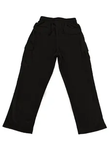 Detailed back view of men's black corduroy cargo pants with wide leg straight cut fit