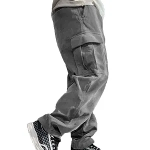Detail of gray corduroy cargo pants for men featuring a retro loose fit and side pocket