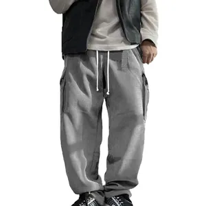 Men's retro grey corduroy cargo pants with loose straight fit and white drawstring detail