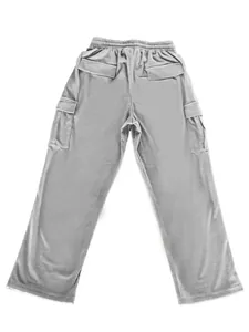 Back view of gray corduroy cargo pants for men featuring wide leg straight cut