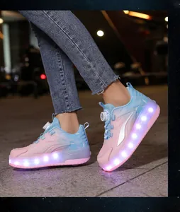 Detail shot of children's pink and blue LED roller shoes with retractable wheels