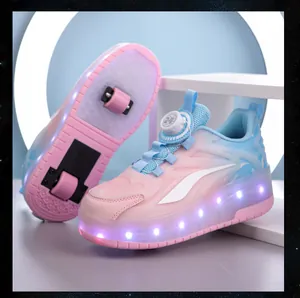 Detailed side view of kids pink LED roller shoes with double retractable wheels and buckle.
