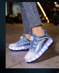 Detail of children's blue LED roller shoes with rotating buckle on outdoor pavement