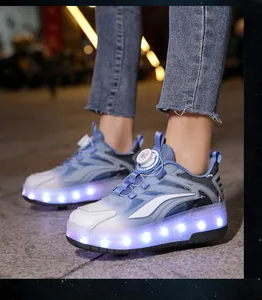 Detail of kids roller shoes featuring glowing LED soles and rotary buckle lacing.