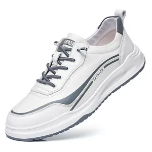 Premium white genuine leather casual sneakers for men with sporty grey side stripes