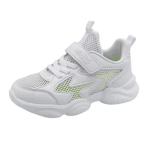 Lightweight and breathable white kids sports running shoes with velcro and mesh