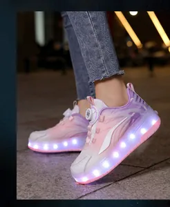 Detail of children's LED roller shoes with double wheels and rotating buckle closure