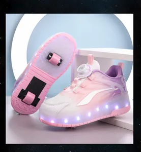 Detailed view of pink and purple LED roller shoes for kids featuring rotary buckle system