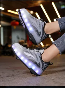 Close-up of glowing LED soles and retractable wheels on children's roller skate shoes