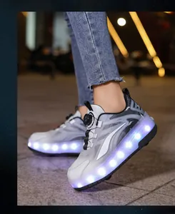 Detail of children's LED roller shoes featuring a rotary buckle and mesh fabric.