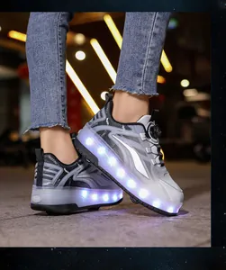 Side view of LED roller shoes for kids with glowing soles and rotating dial closure