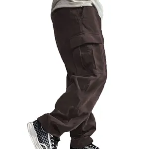 Detailed side profile of brown corduroy cargo pants featuring large utility pockets