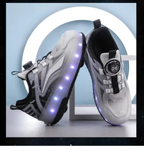 Close-up detail of kids roller shoes featuring rotating buckle and LED glowing wheels