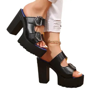Stylish chunky platform high heel sandals with black faux leather and silver buckles