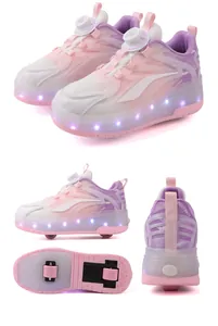 Detailed view of children's LED roller shoes with double wheels and rotating laces