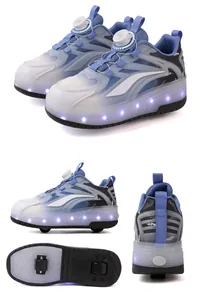 Detailed views of kids' blue roller shoes with glowing LED soles and dual wheel mechanism