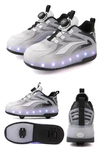 Multi-angle detailed views of kids' roller shoes with LED lights and rotary buckle system