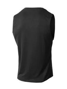 Vista posteriore di canotta fitness nera da uomo con texture in maglia traspirante.