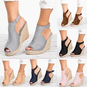 Sandales Compensées à Bout Ouvert pour Femmes Espadrilles en Suédine Plateforme Boucle Décontracté Mode Été Chaussures