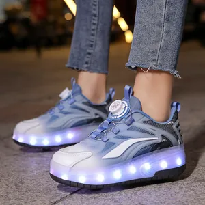 Children's LED light-up roller shoes with double retractable wheels and rotary buckle system