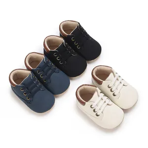 Soft sole baby walking shoes collection shown in navy blue, black and cream colors for infants