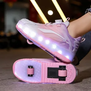 Kids pink LED roller shoes with retractable wheels and rotating dial lace system