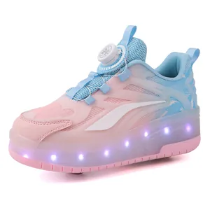 Blue and pink children's roller shoes with LED light-up soles and rotary buckle