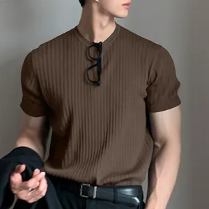Men's brown ribbed short sleeve knit t-shirt featuring a casual crew neck design