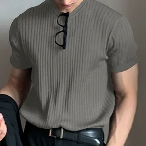 Men's casual grey ribbed knitted t-shirt with short sleeves and a crew neck detail.