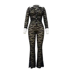 Full front view detail of a black floral lace jumpsuit featuring a white collar and cuffs