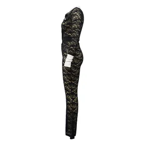 Side view of elegant black lace jumpsuit with white contrasting collar and cuffs
