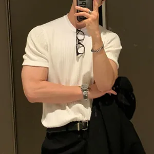 Trendy men's white ribbed knit short sleeve T-shirt shown in a casual mirror selfie