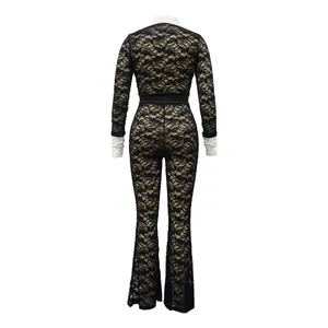 Detailed back view of elegant black lace jumpsuit featuring white contrast collar