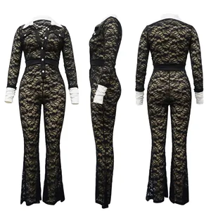 Detailed multi-angle views of black floral lace jumpsuit with white contrast collar
