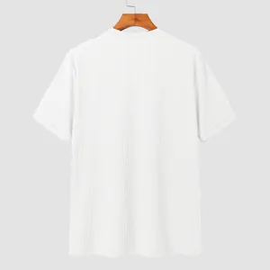 Back view of a men's white ribbed knit short-sleeve t-shirt with a relaxed fit.