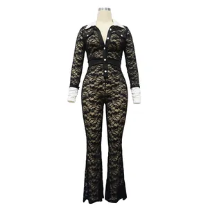 Detailed view of women's black lace jumpsuit featuring a white contrast collar and cuffs