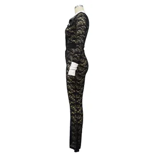 Side profile of a black lace jumpsuit featuring a white contrast collar and sleeve cuffs