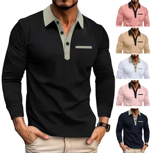 Heren Mode Patchwork Lange Mouwen Poloshirt Slim Fit Revers Top Casual Effen Kleur Zacht Ademend Polyester Poloshirt