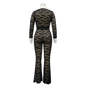 Back view of elegant black lace jumpsuit with white contrast collar and long sleeves