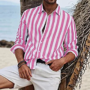 Camicia a Righe Casual da Uomo in Misto Cotone Tinto in Filo Con Bottoni e Revers per Vacanze Quotidiane Stile Vintage