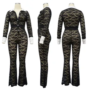 Three-view display of a stylish black floral lace jumpsuit with white collar and cuffs