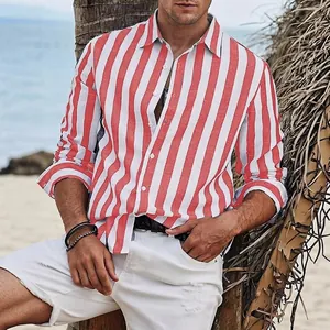 Camicia casual da uomo a righe verticali rosse e bianche con colletto a rever